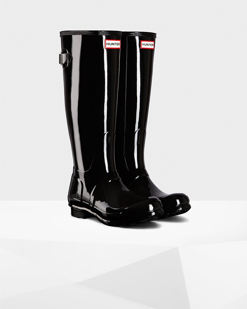 Hunter Original Back Adjustable Gloss Tall Rain Boots - On Sale Womens Black - EWVALN693